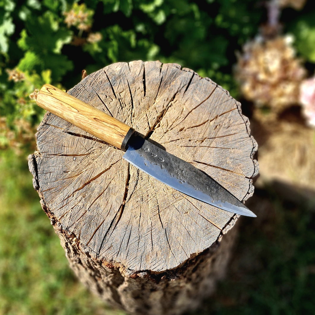 Viking Kitchen Knife with engraved Runes, spalted ash and bog oak.