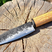 Load image into Gallery viewer, Viking Kitchen Knife with engraved Runes, spalted ash and bog oak.
