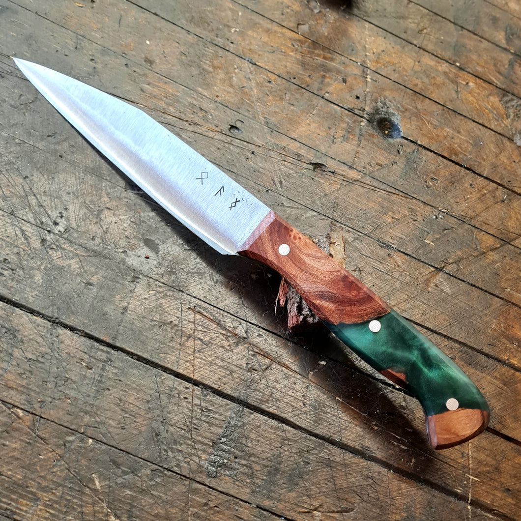 Viking Kitchen Knife with Forest hybrid handle, engraved Runes.