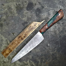Load image into Gallery viewer, 8&quot; High Carbon Kitchen Knife, deep forest hybrid beech burr handle.
